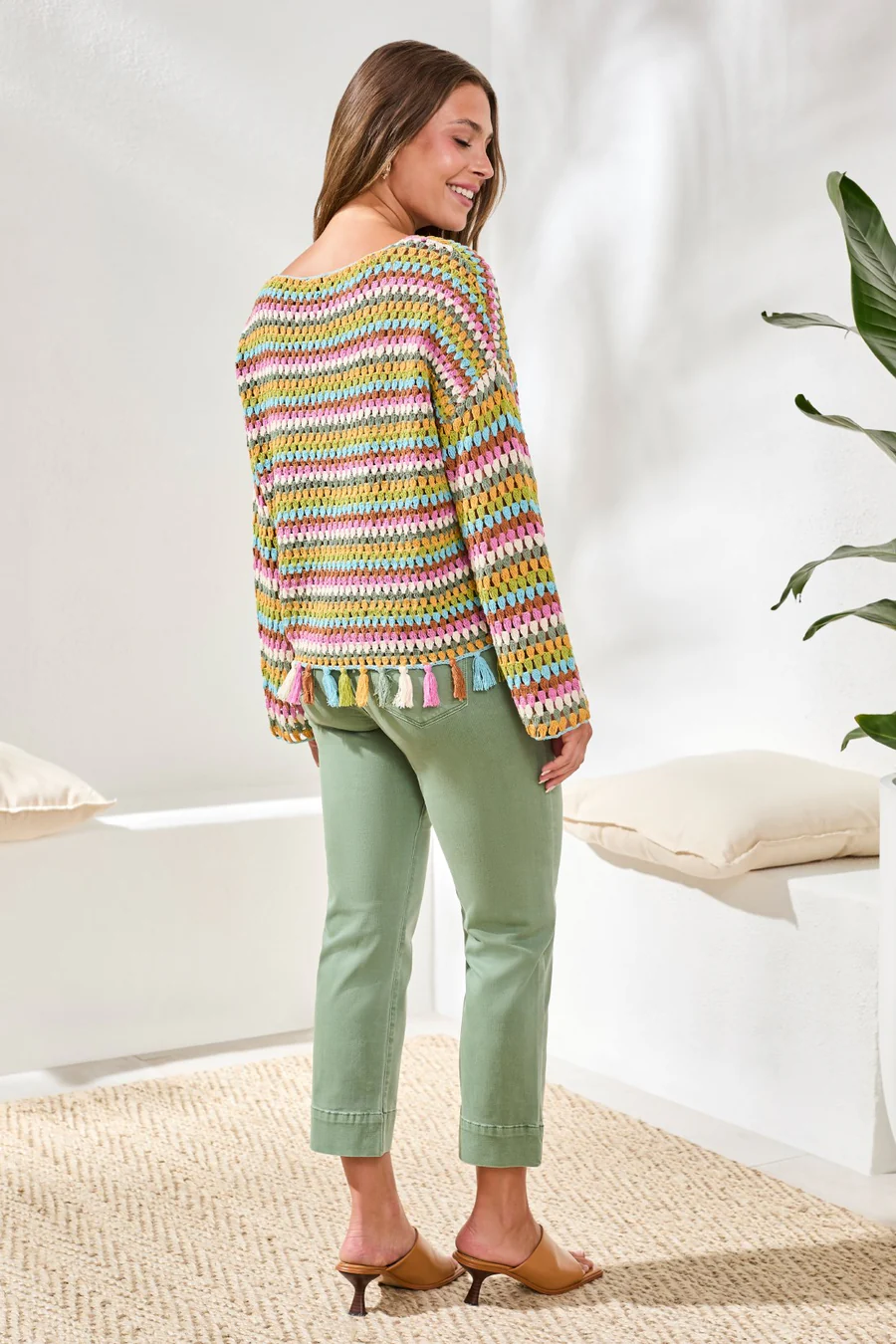 Multicolor Crochet Bell  Sleeve Sweater Aqua Sky