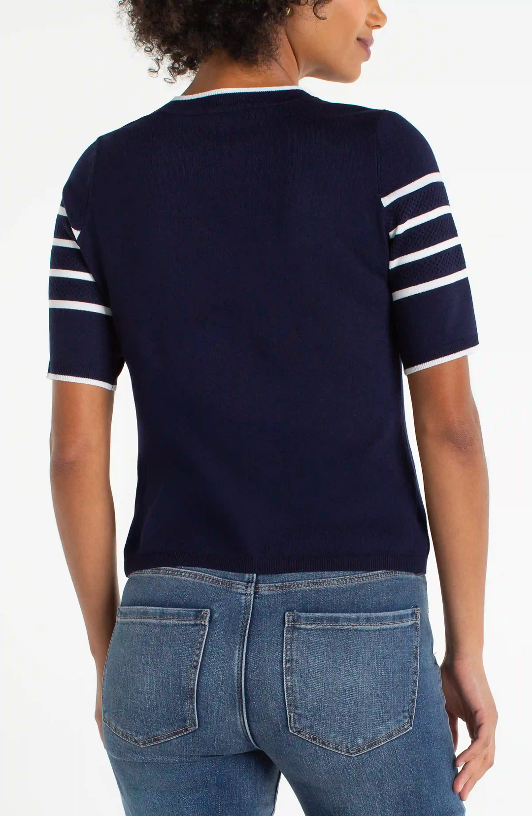 Short Sleeve Crew Neck Sweater- Navy and White Stripe