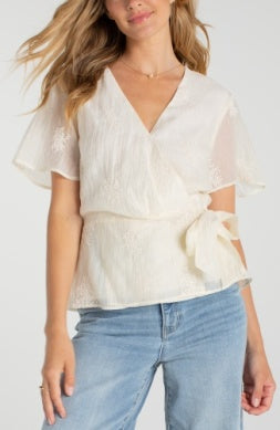 Short Sleeve Wrap Front Woven Top with Tie  Cream