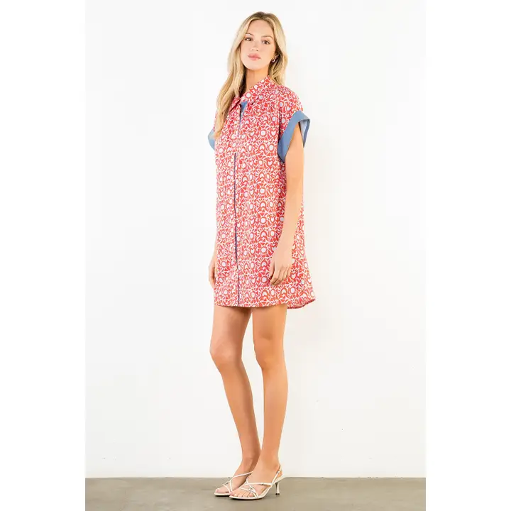 Short Sleeve Pattern Button Down Dress Blue and Red