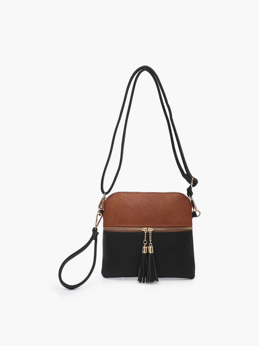 Tara Dual Zip Crossbody in Black/Brown