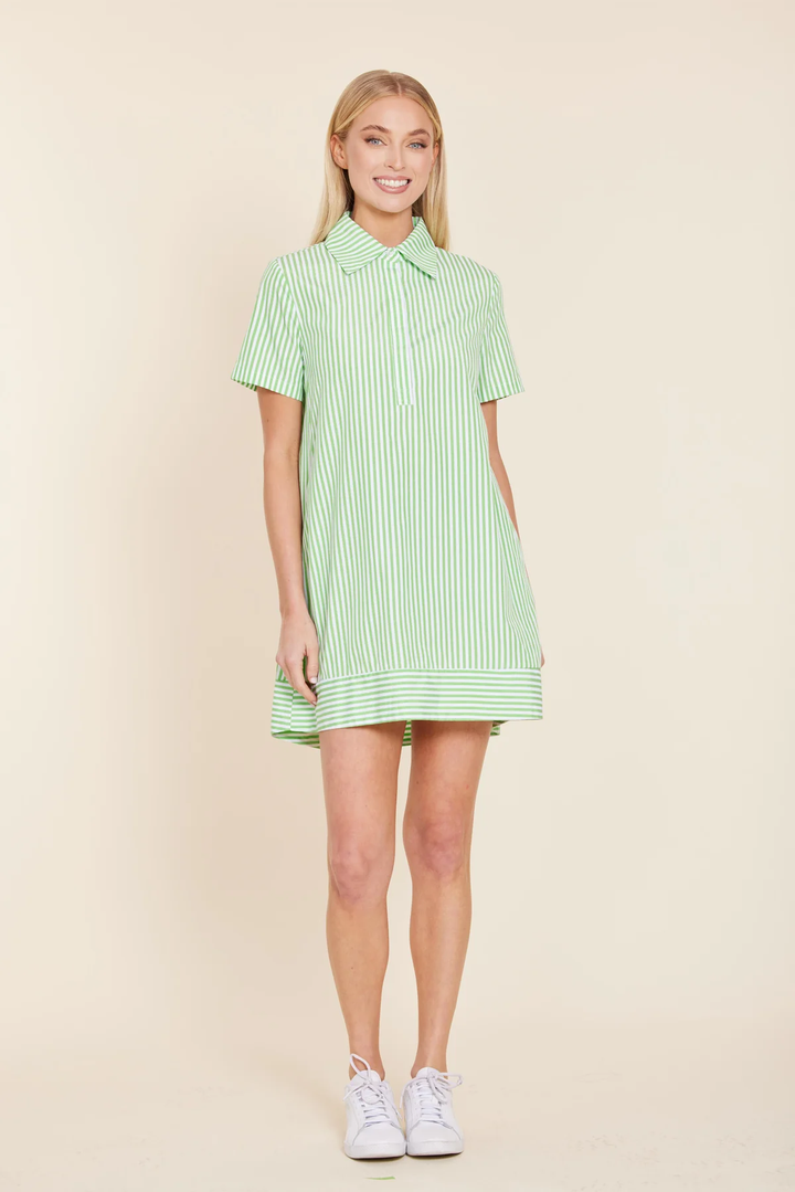 Striped Poplin Shift Dress with Pockets Green/White