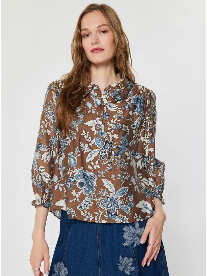 Blue &amp; Brown Collared Button-Down Blouse W Ruffled Sleeves