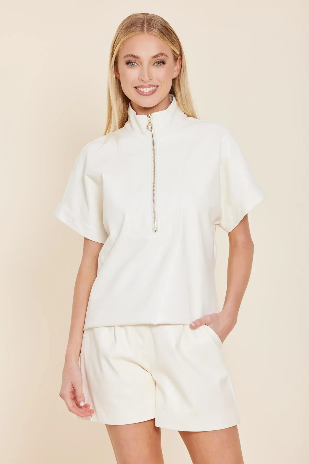 Faux Leather Zip Up Top Creme