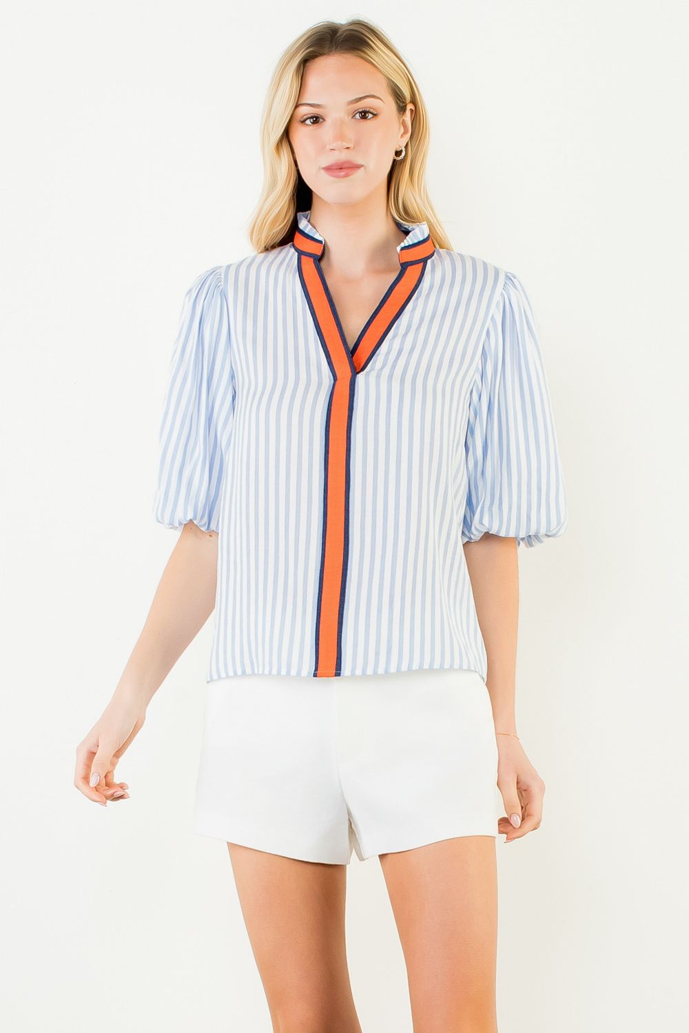 Puff Sleeve Striped Top Orange Ribbing Blue &amp; White
