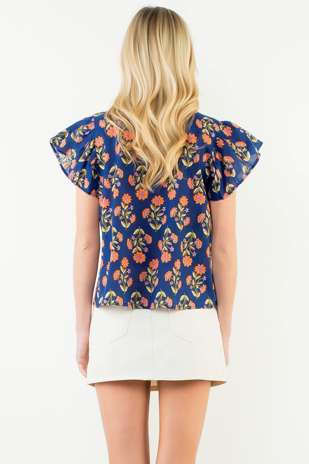 Flutter Sleeve Floral Detail Top Navy
