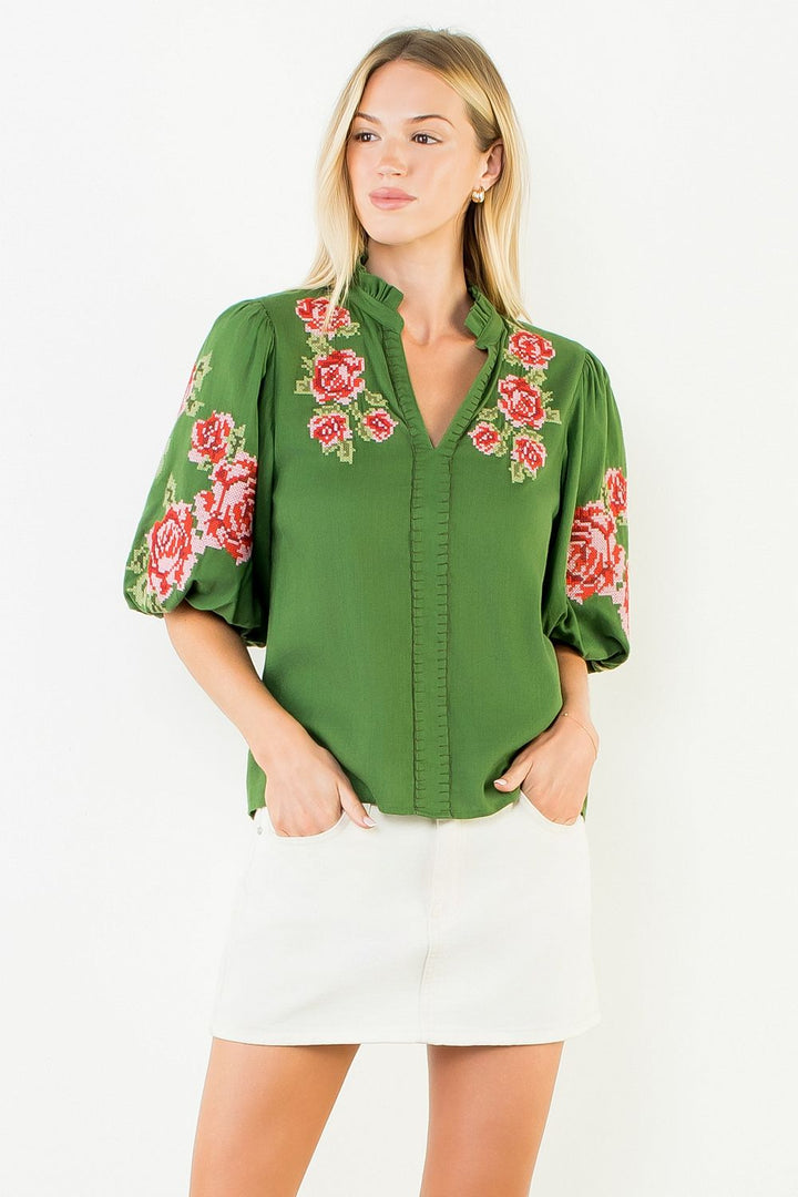 Green with Floral Embroidery Puff Sleeve Top