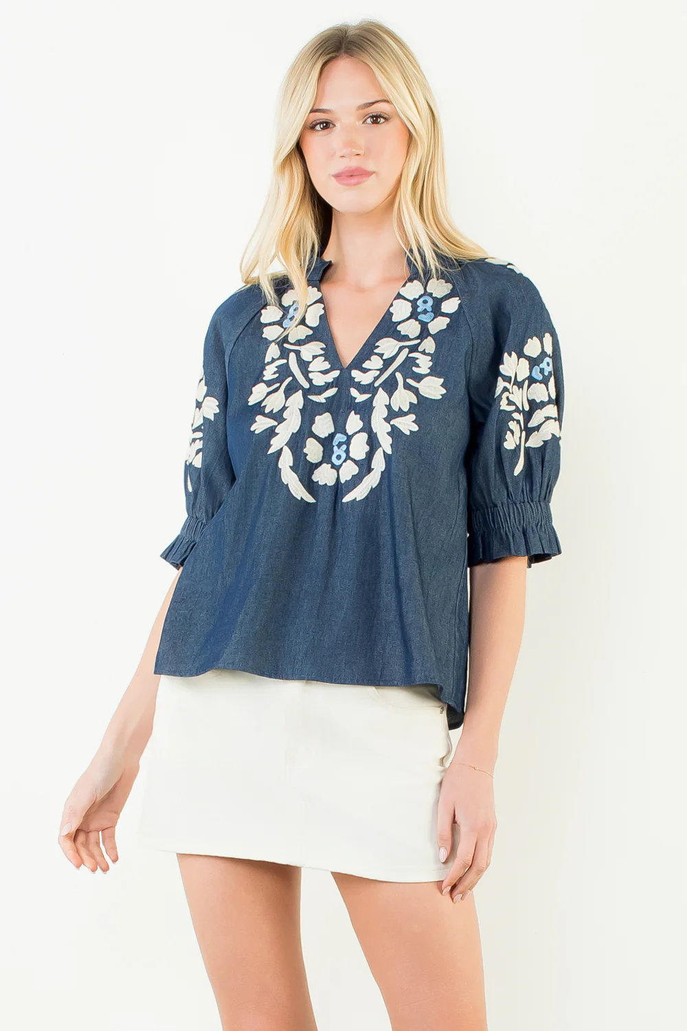 Puff Sleeve Floral Embroidery Detail Top Denim