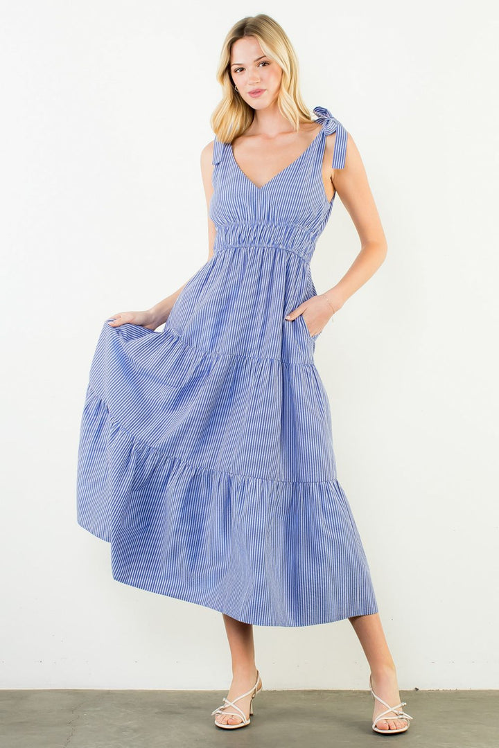 Tie Strap Striped Tiered Maxi Dress Blue