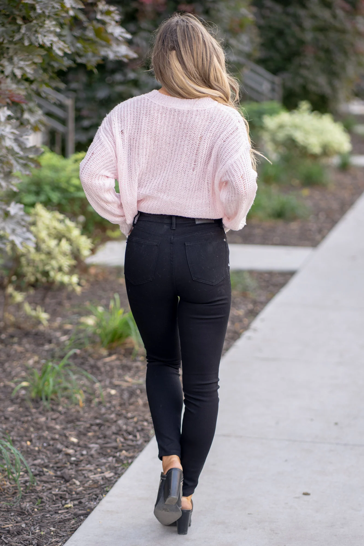 High Waist Faux Leather & Denim Skinny