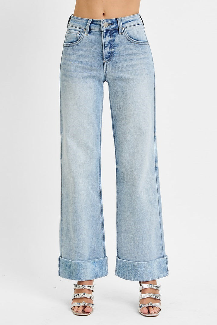 Tummy Control High Rise Ankle Wide Cuffed Jeans Light Wash