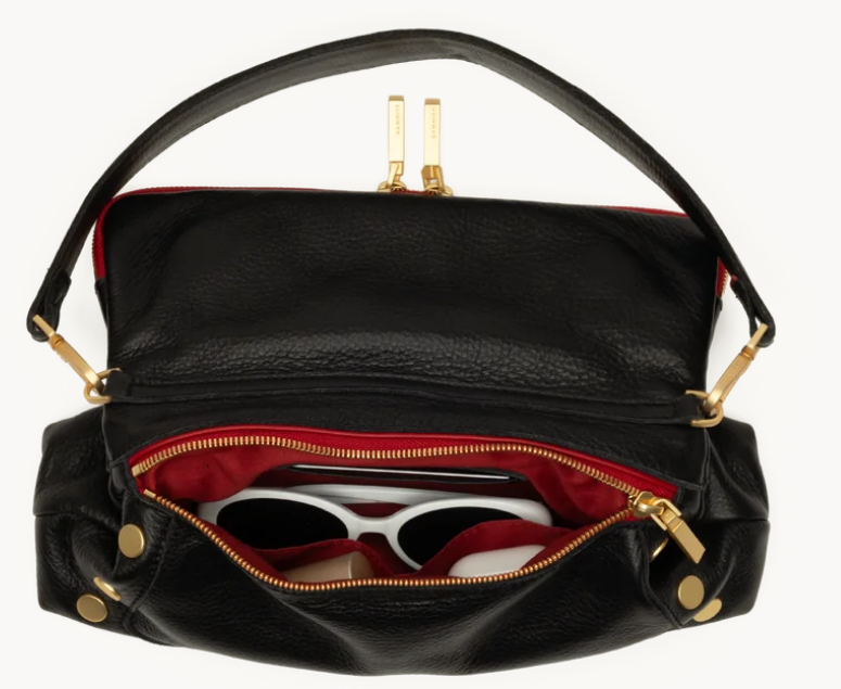 Beverly Medium Black  Fold Over Bag  Red Zip w/Gold Rivets