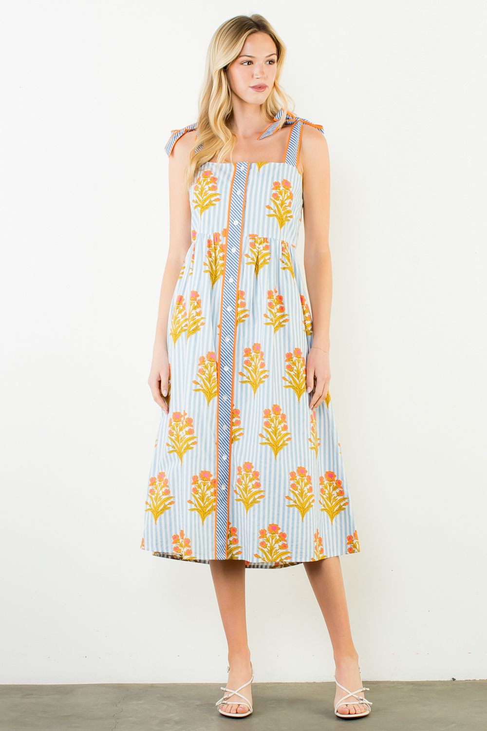 Tie Straps Striped Floral Pattern Button Down Dress Blue