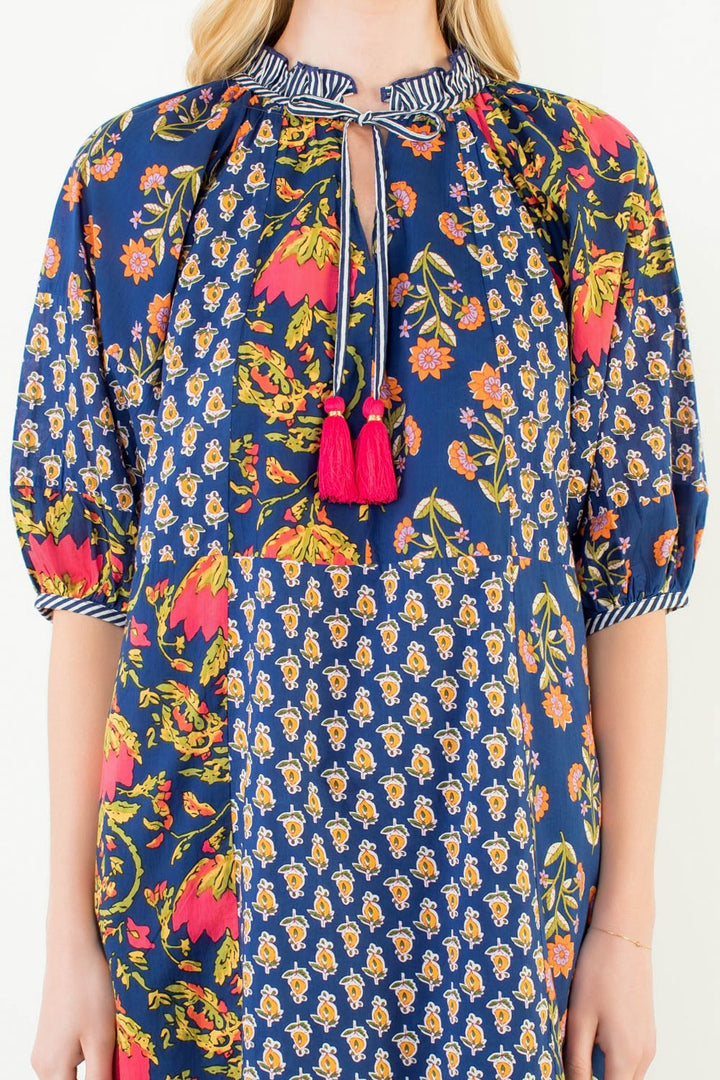 Printed Long Sleeve Tie Tassel Dress