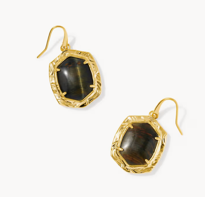 Daphne Tiger Stripe Drop Earrings Gold Dark Brown Hawks Eye