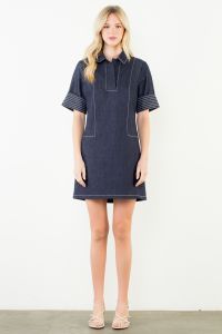 Short Sleeve Collared V-Neck Dress Denim Blue