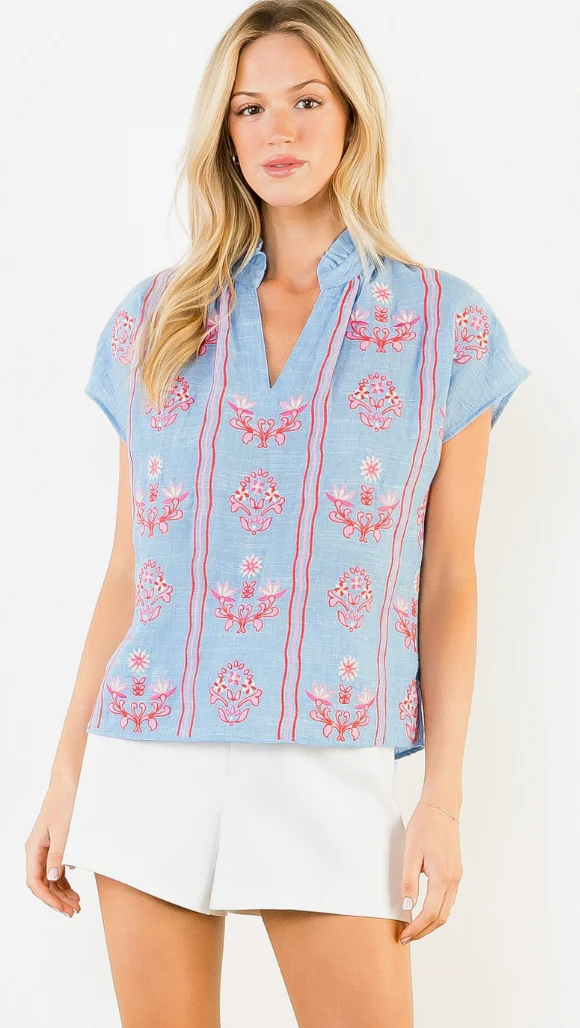 Floral Embroidered Top w/Ruffle Neck /Cap Sleeve Blue
