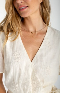 Short Sleeve Wrap Front Woven Top with Tie  Cream