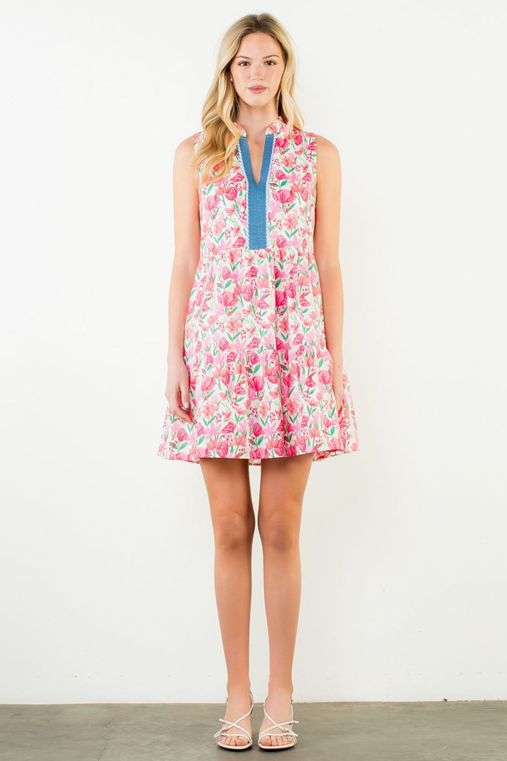 Sleeveless Floral Detail Tiered Dress Pink