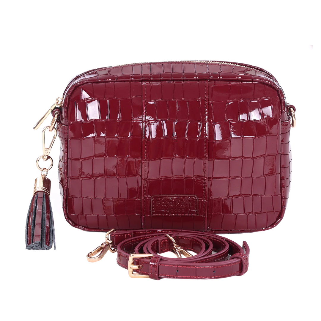 Pom Pom City Bag Patent Croc Claret