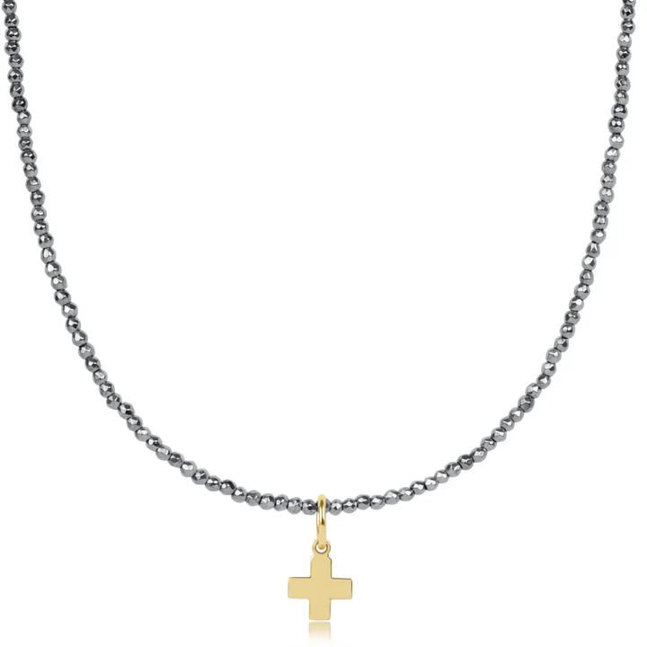 17" Choker Silver Faceted Hematite 2mm Bead Signature Cross Gold Charm