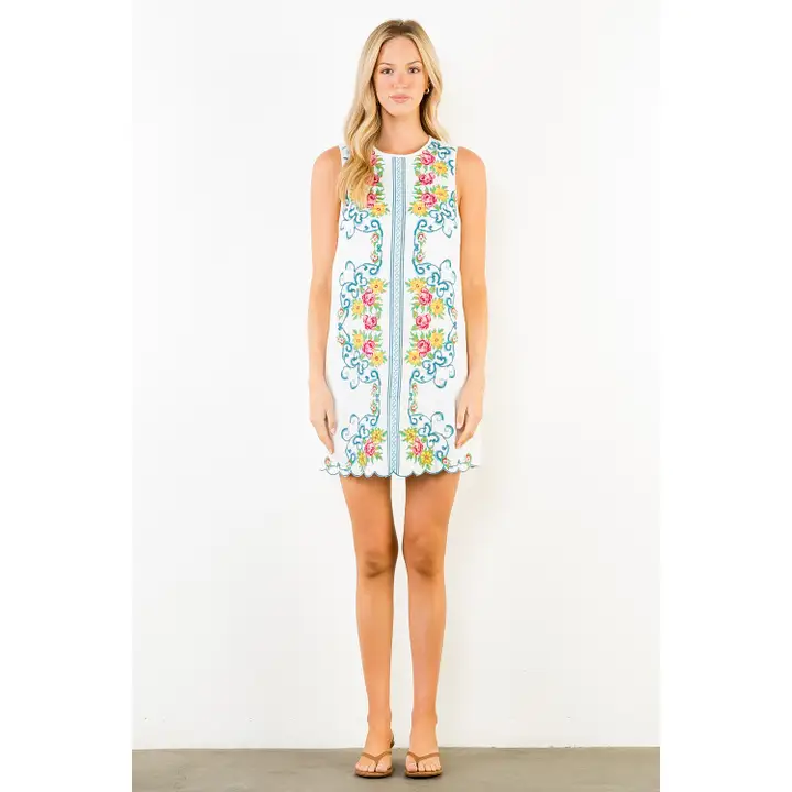 Floral Embroidered Sleeveless Dress White
