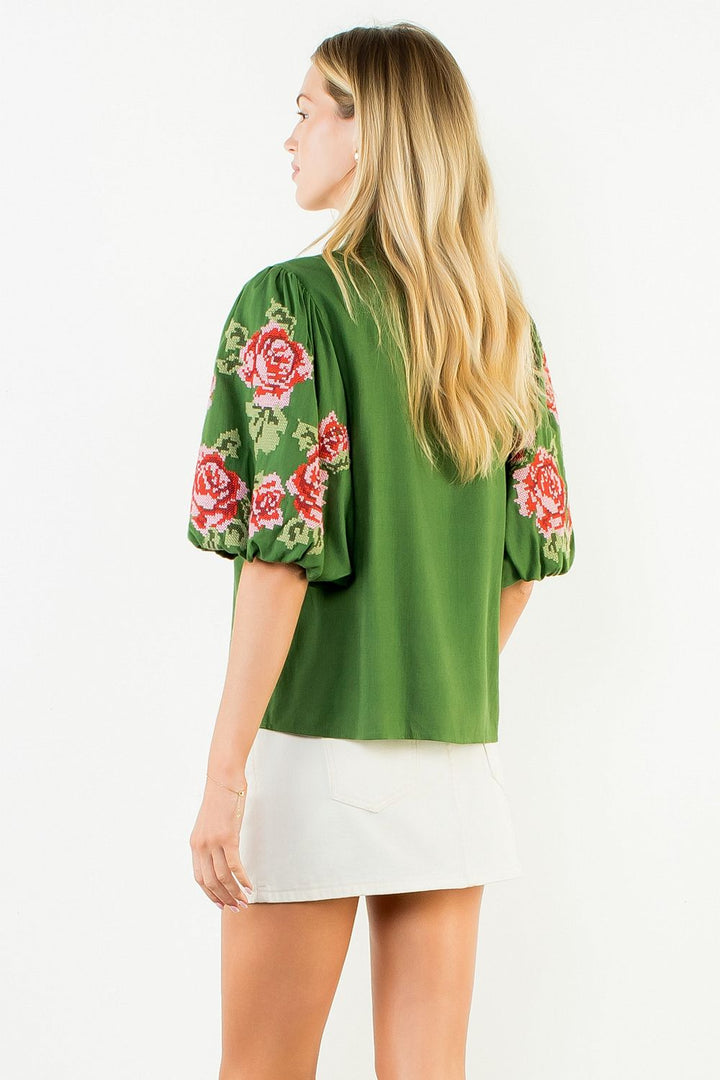 Green with Floral Embroidery Puff Sleeve Top