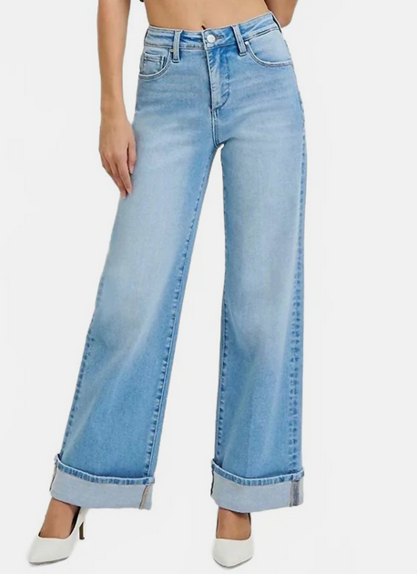 Tummy Control High Rise Ankle Wide Cuffed Jeans Light Wash