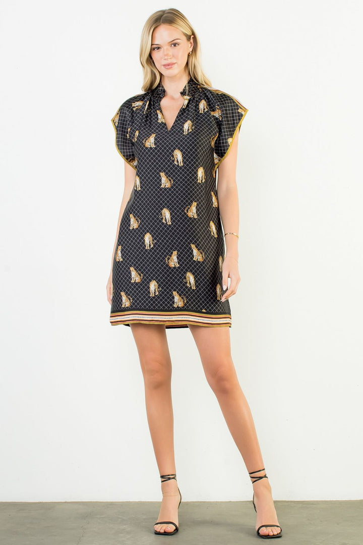 Puff Sleeve Leopard Print V-neck Dress
