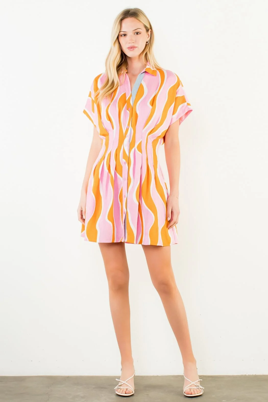 Short Sleeve Wavy Striped Pattern Dress Pink