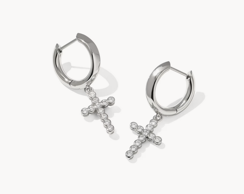 Cross Crystal Huggie Earrings Silver