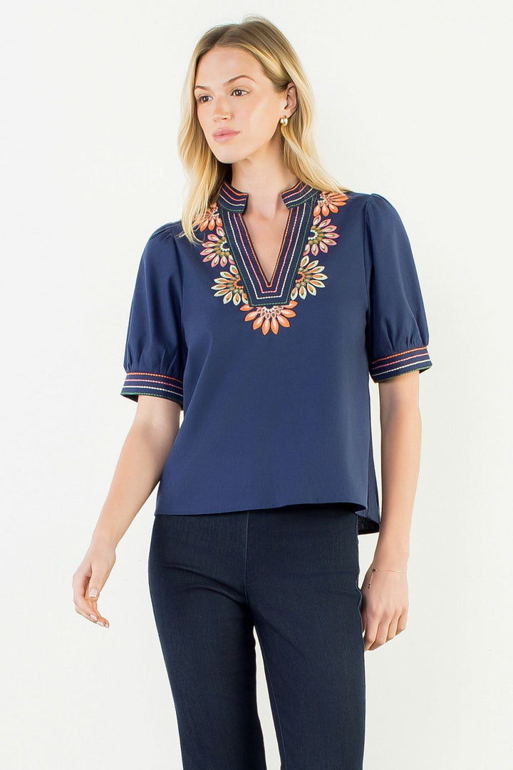 V Neck Floral Embroidered Top