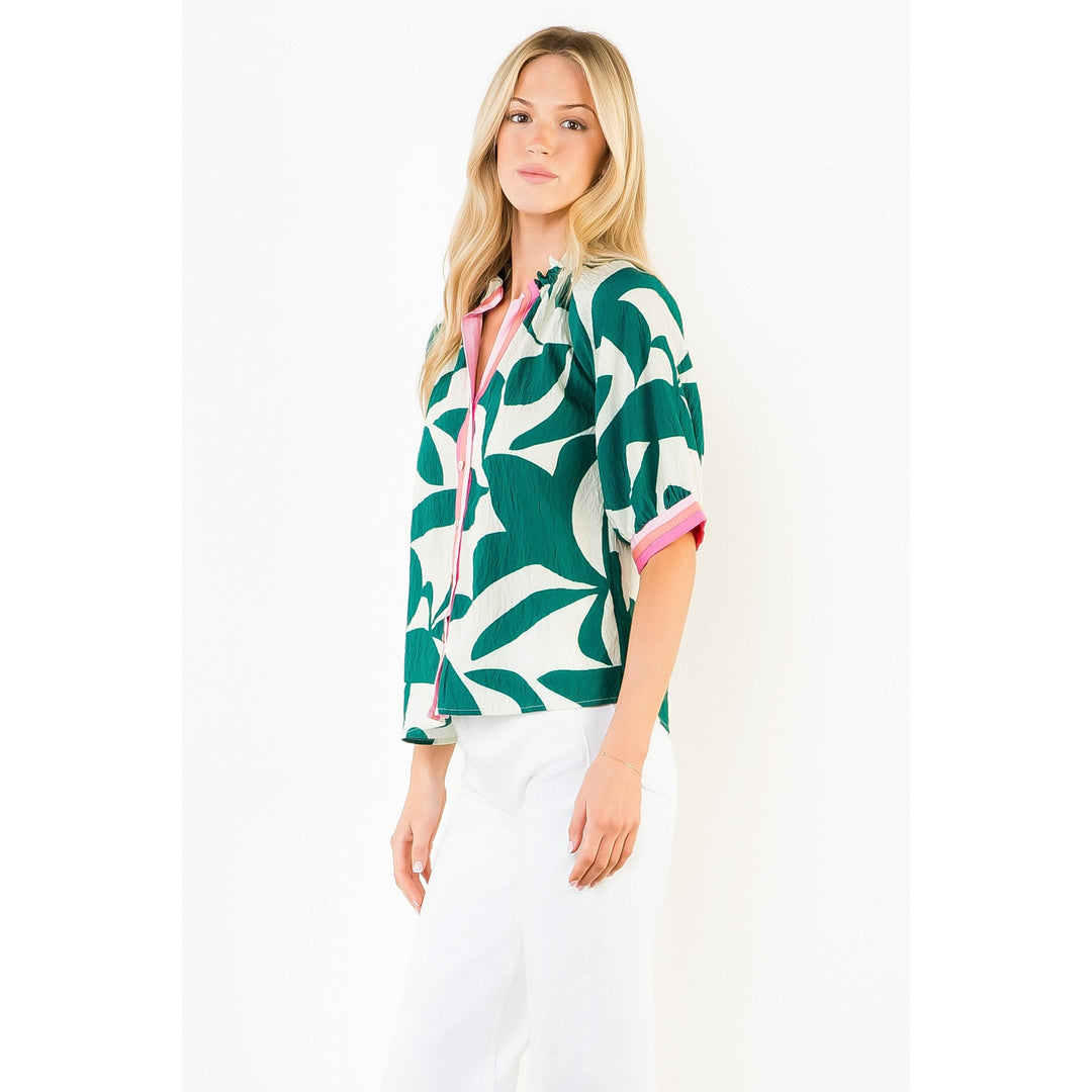 Short Sleeve Green Silky Geometric Top