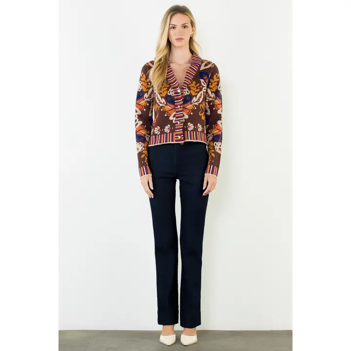 Floral V-Neck Brown Cardigan With Gold Buttons