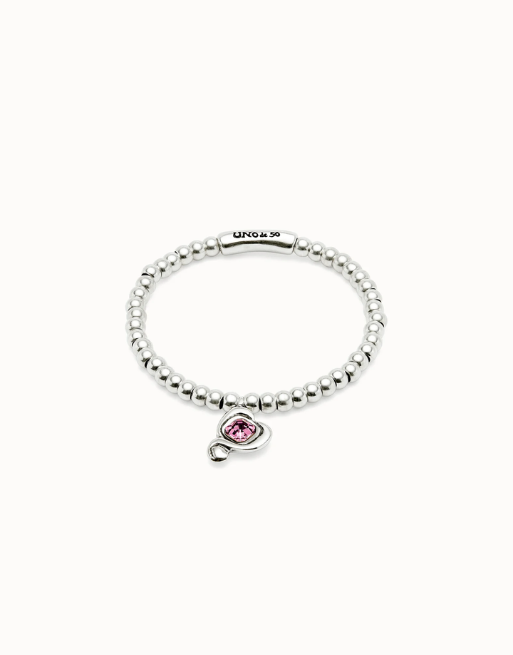 Ser Expresiva Silver Beaded Bracelet w/ Pink Stone Charm Medium