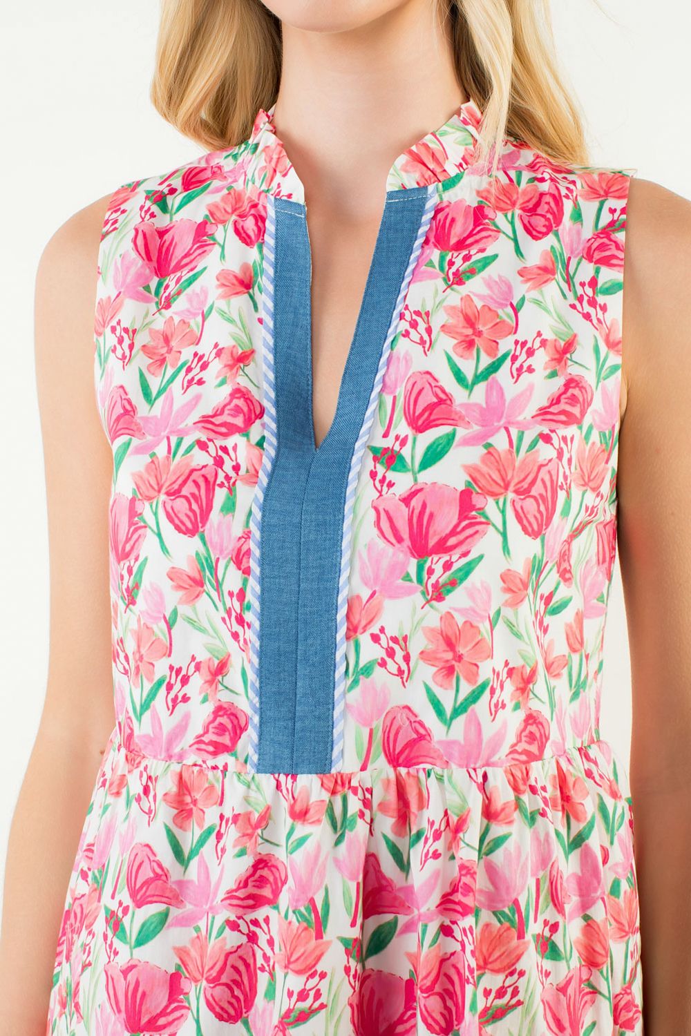 Sleeveless Floral Detail Tiered Dress Pink