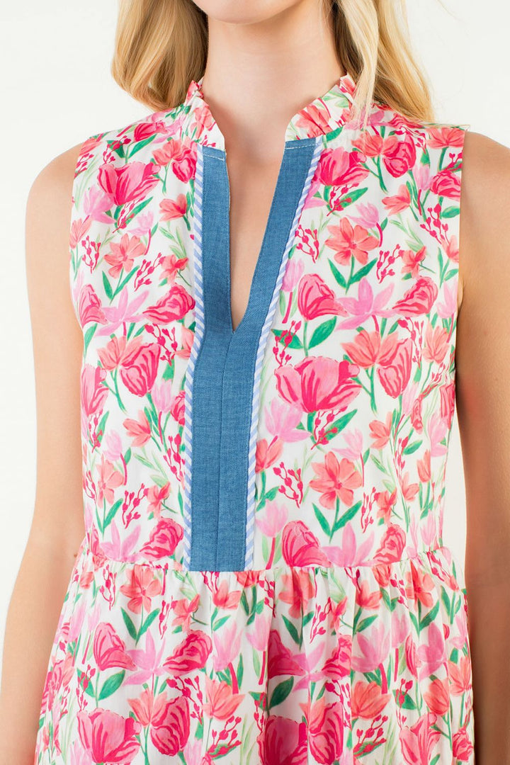 Sleeveless Floral Detail Tiered Dress Pink