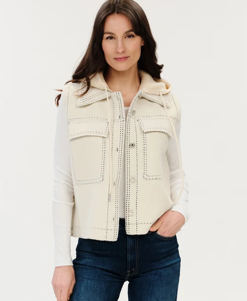 Tommie Exposed Stitch Detachable Hooded Vest Cream