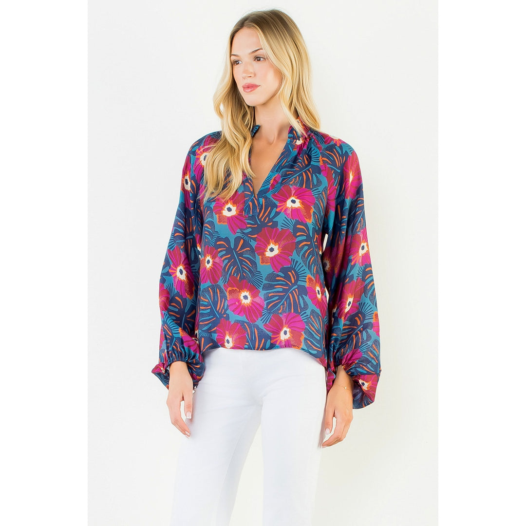 Long Sleeve Blue Flowy Flower Top