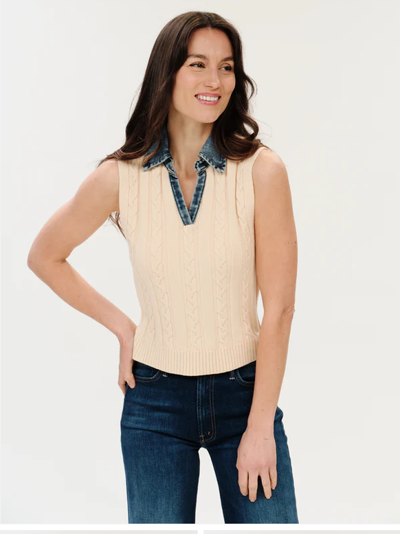 Monica Mixed Media Denim Collar Vest Off White
