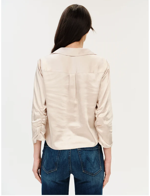 Dessi Satin Button Down Top with Ruched Sleeve