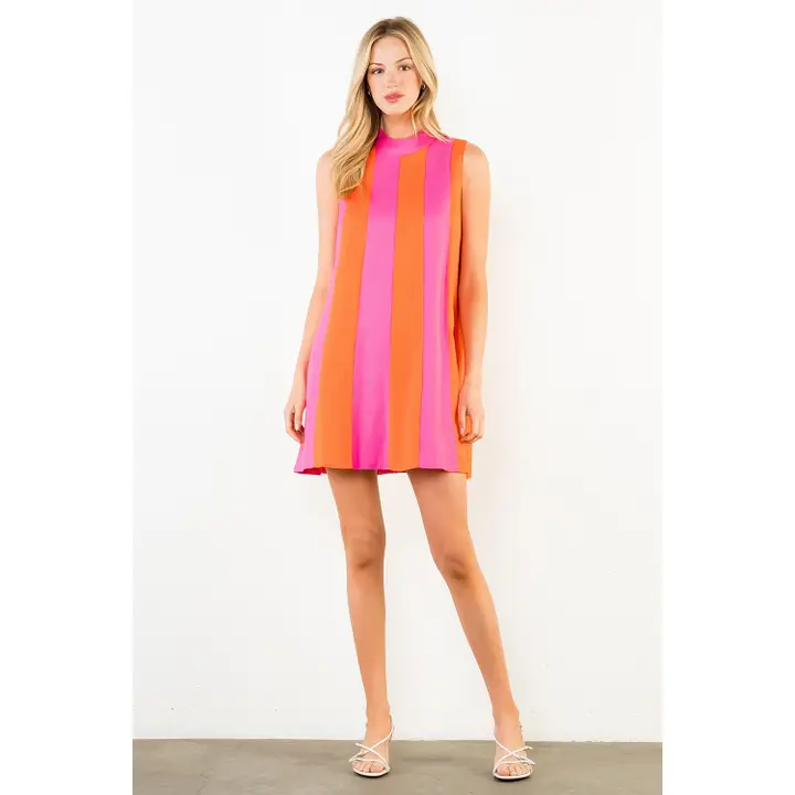 Sleeveless Colorblock Dress Pink and Orange