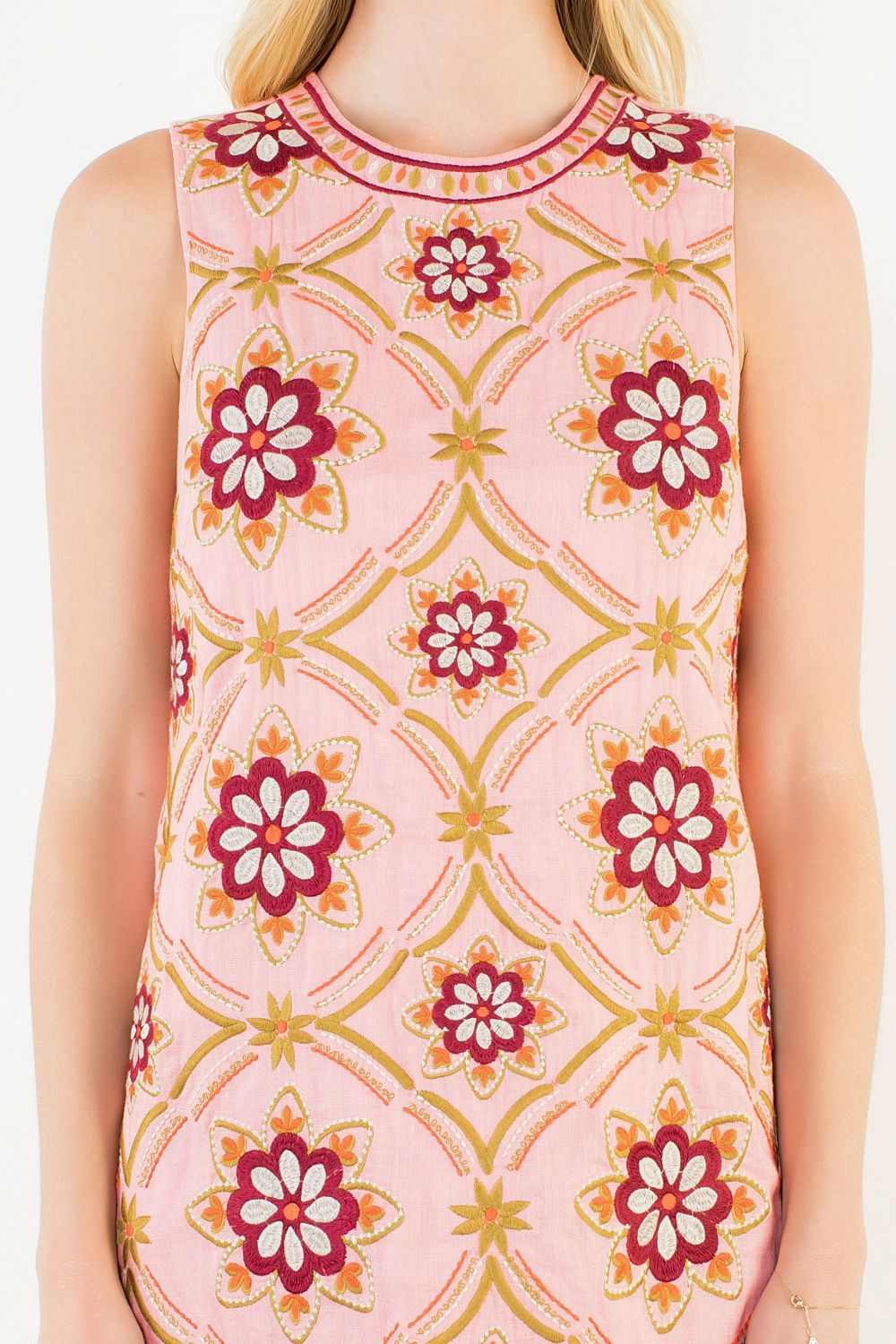 Coral Sleeveless Floral Embroidery Detail Dress