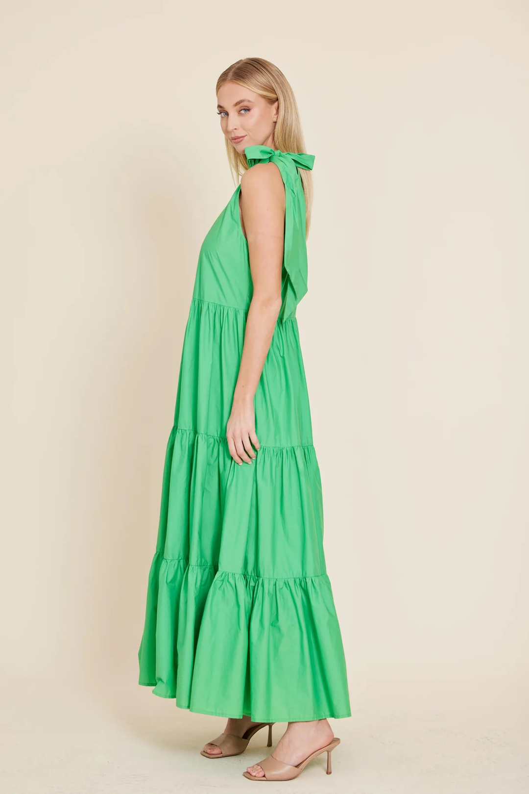 Poplin Tie Neck Tiered Maxi Dress Green