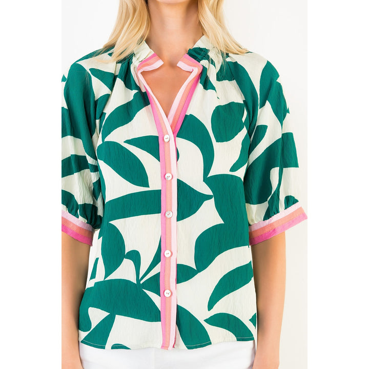 Short Sleeve Green Silky Geometric Top