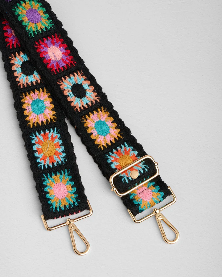Pom Pom Strap Crochet Squares Black