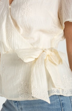 Short Sleeve Wrap Front Woven Top with Tie  Cream