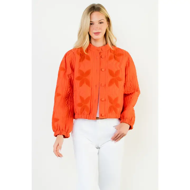 Velvet Flower Detail Quilted Jacket Orange