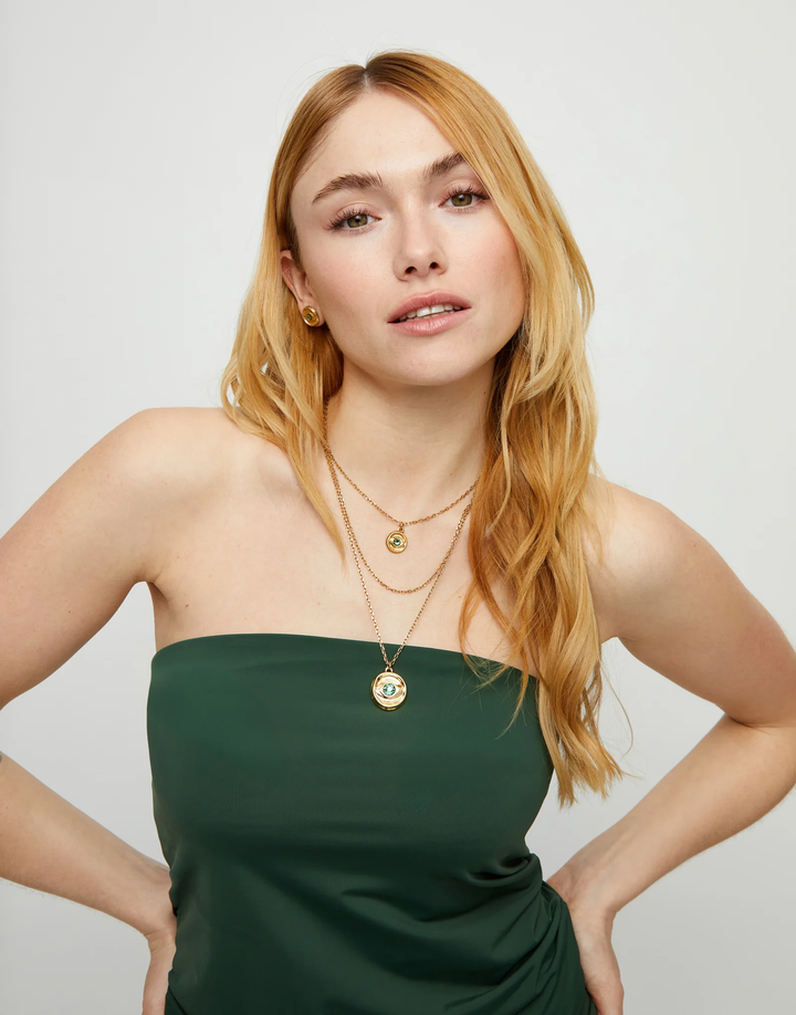 Ser Imparable Gold Tri Chain Layer Necklace w/Eye and Green Stone