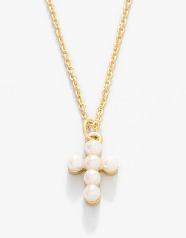 SLV Necklace 18" Faith/Pearl Cross Gold